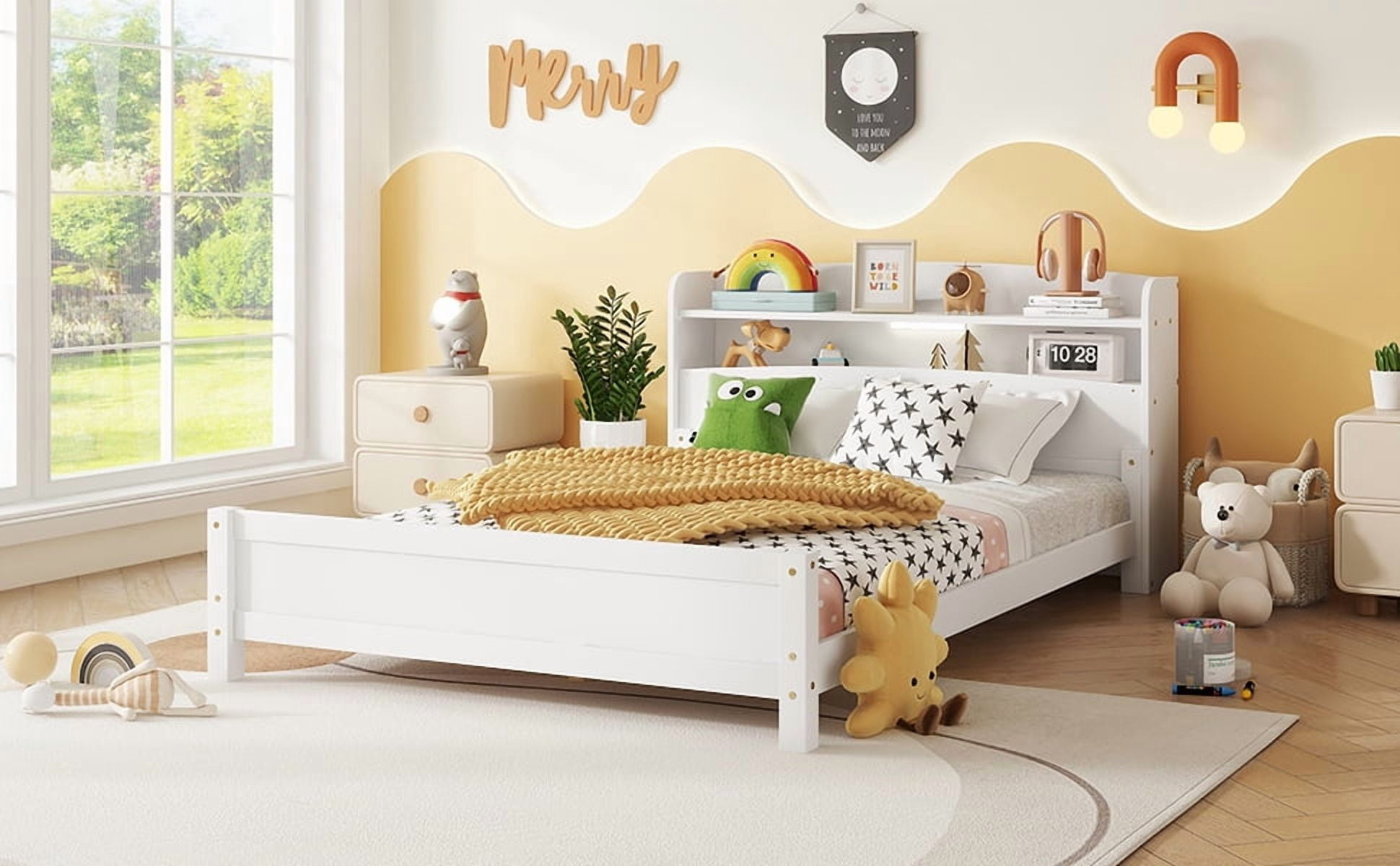 Sailvan Full Pine Wood Bed with Bookcase Headboard, LED Motion Sensor Light & Bed Guardrails
