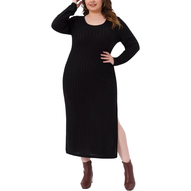Vestidos de Talla Grande para Mujeres Agnes Orinda para el Día de San Patricio, Vestido Maxi Casual de Punto Acanalado con Abertura Lateral y Cuello Redondo de Manga Larga, Ajuste Slim 1X Negro