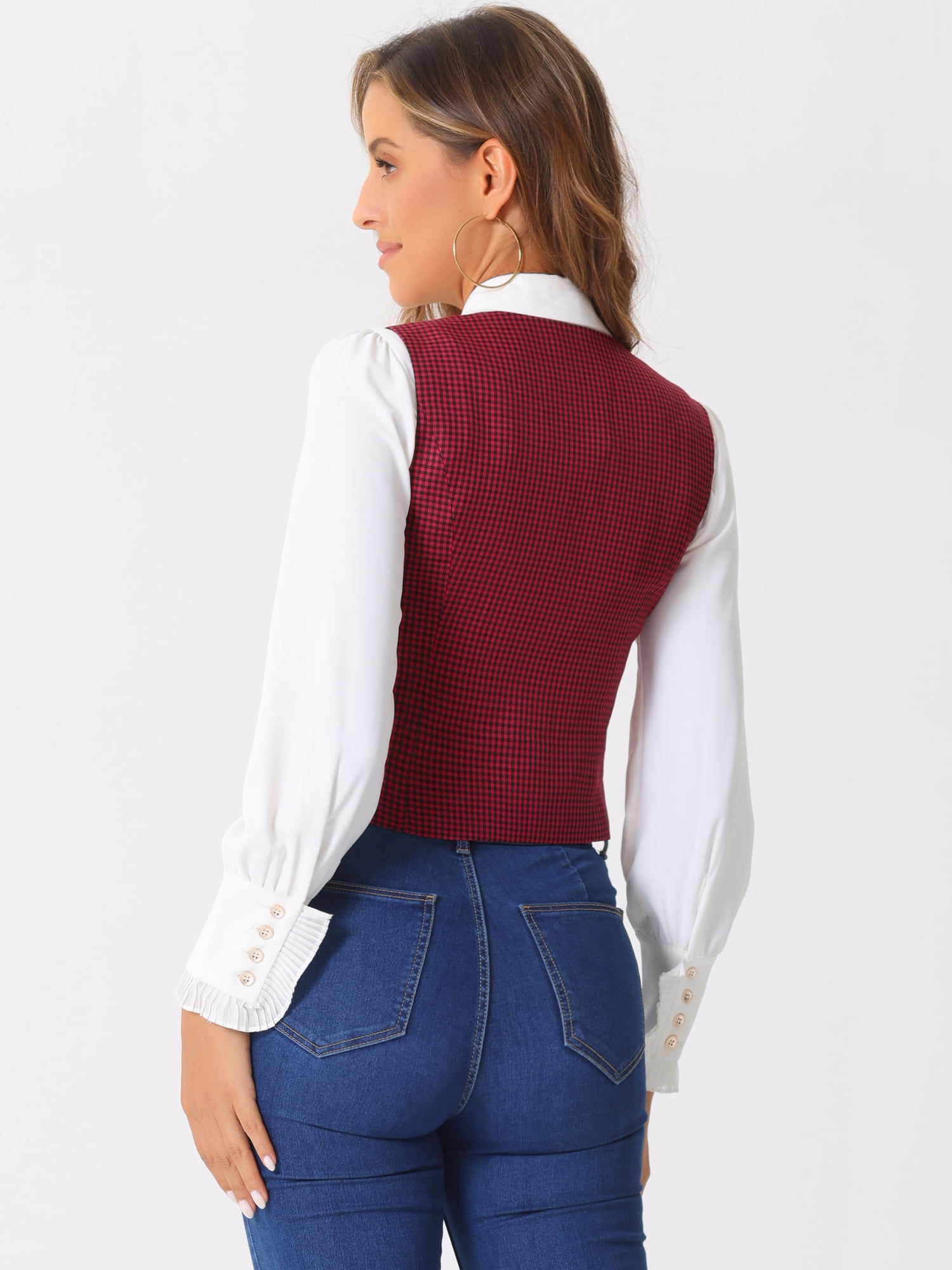 DARING DIVA Women's Plaid Single Breasted Sleeveless Racerback Waistcoat XS Red Black