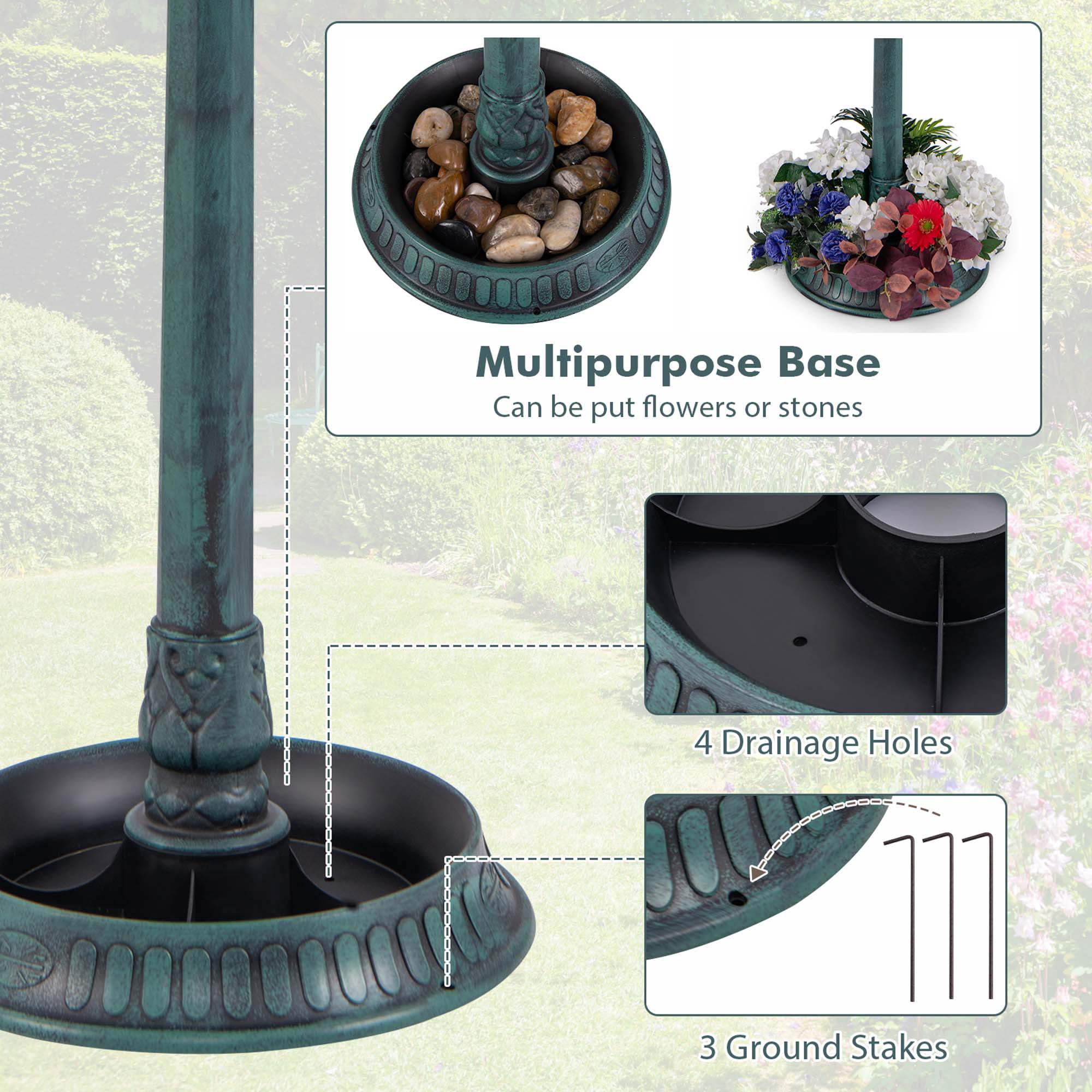 Costway 3-In-1 Pedestal Bird Bath with Solar Light with Bird Feeder & Flower Planter Bronze