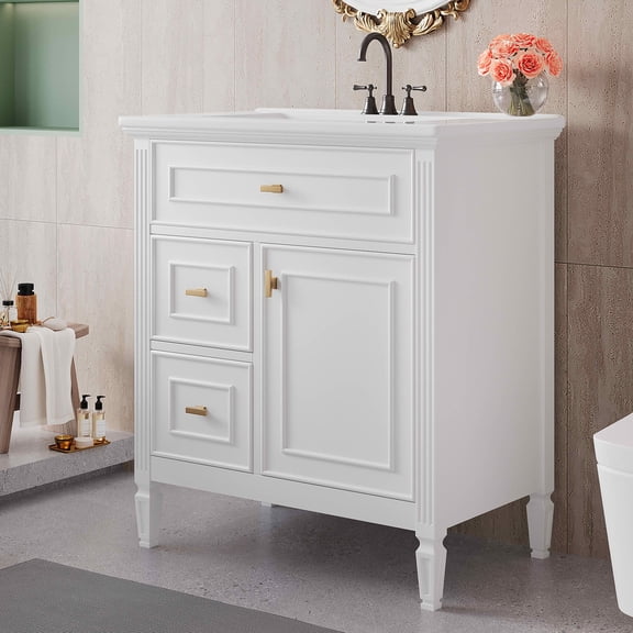 MAYEERTY 30" Bathroom Vanity with Sink, 1 Flip Drawer 2 Drawers Adjustable Shelf, Solid Wood MDF, White