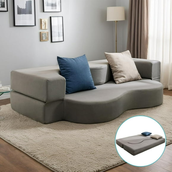 Puremind Queen Foldable Futon Sofa Bed, 2-in-1 Sleeper Sofa, Floor Couch Bed for Small Spaces/Living Room/Guest Room, No Assembly Required, Light Gray