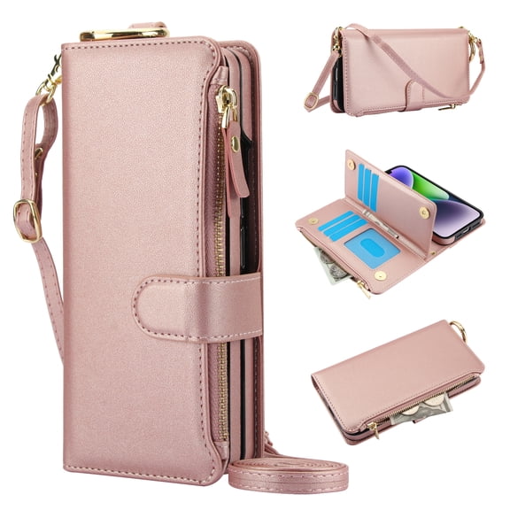 Crossbody Wallet Case for iPhone Air RFID Blocking Card Slots, PU Leather Magnetic Snap Wristband Strap Zipper Pocket Case with Stand Secure Ring Buckle for iPhone Air, Rosegold