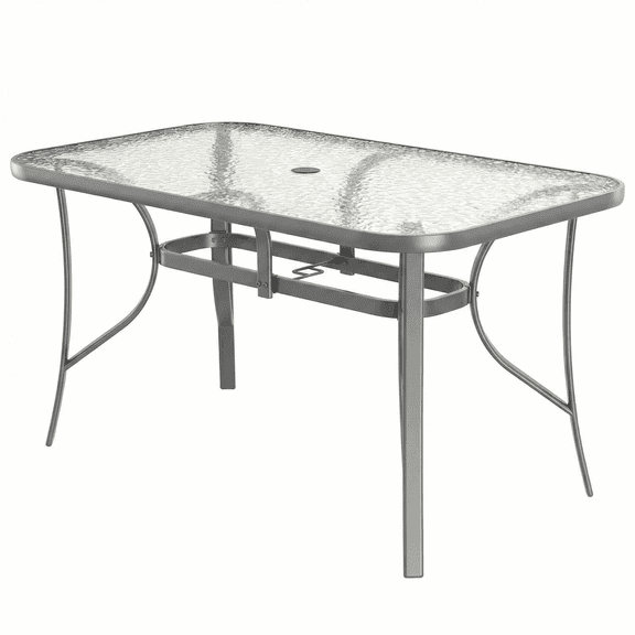 Arlopu Rectangular Patio Table with Tempered Glass Top, All-Weather Resistance Dining Table with Umbrella Hole for Garden & Backyard, Gray