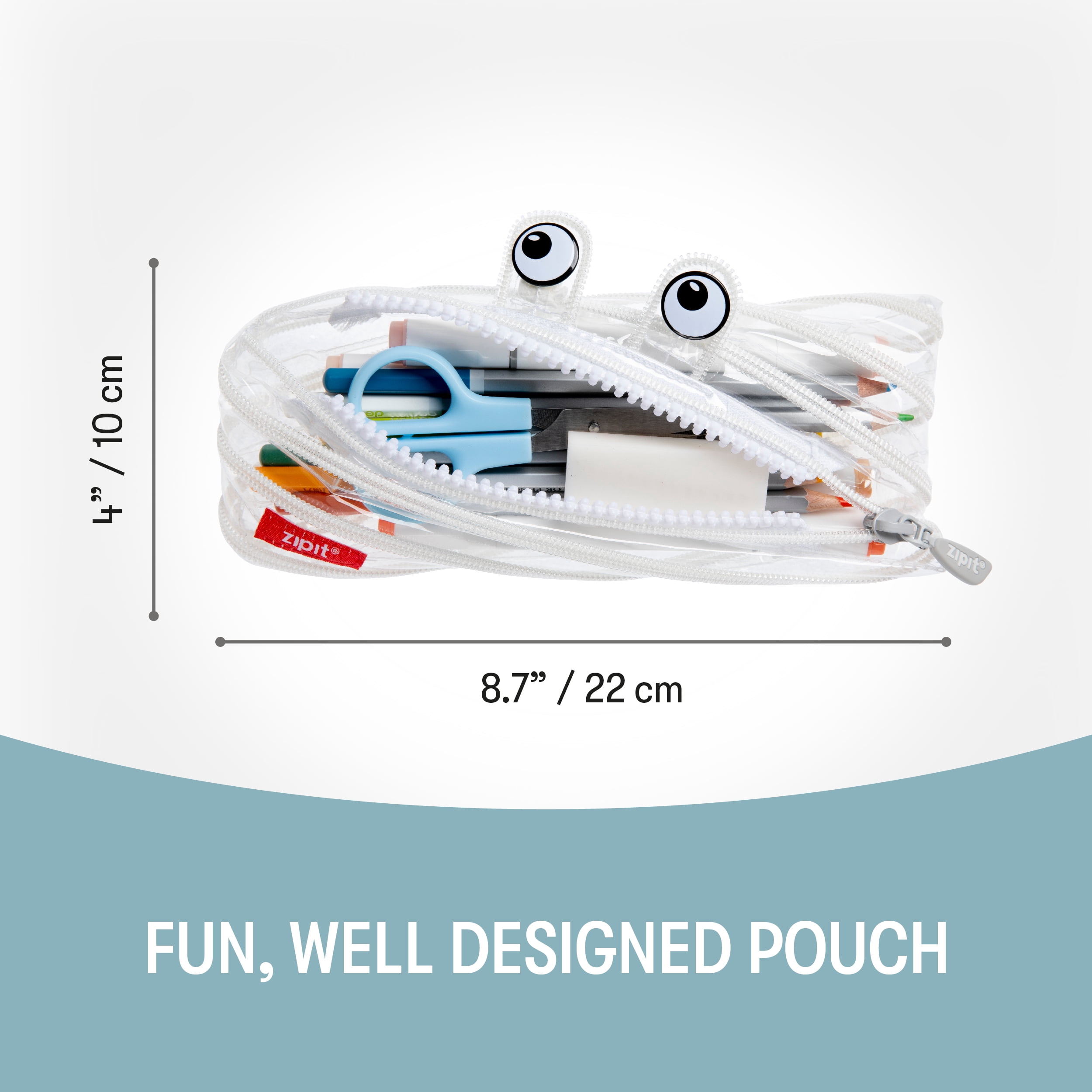 ZIPIT Monster Pencil Case, Clear Pencil Pouch, Holds up to 30 Pens, Made of One Long Zipper! (Clear White)