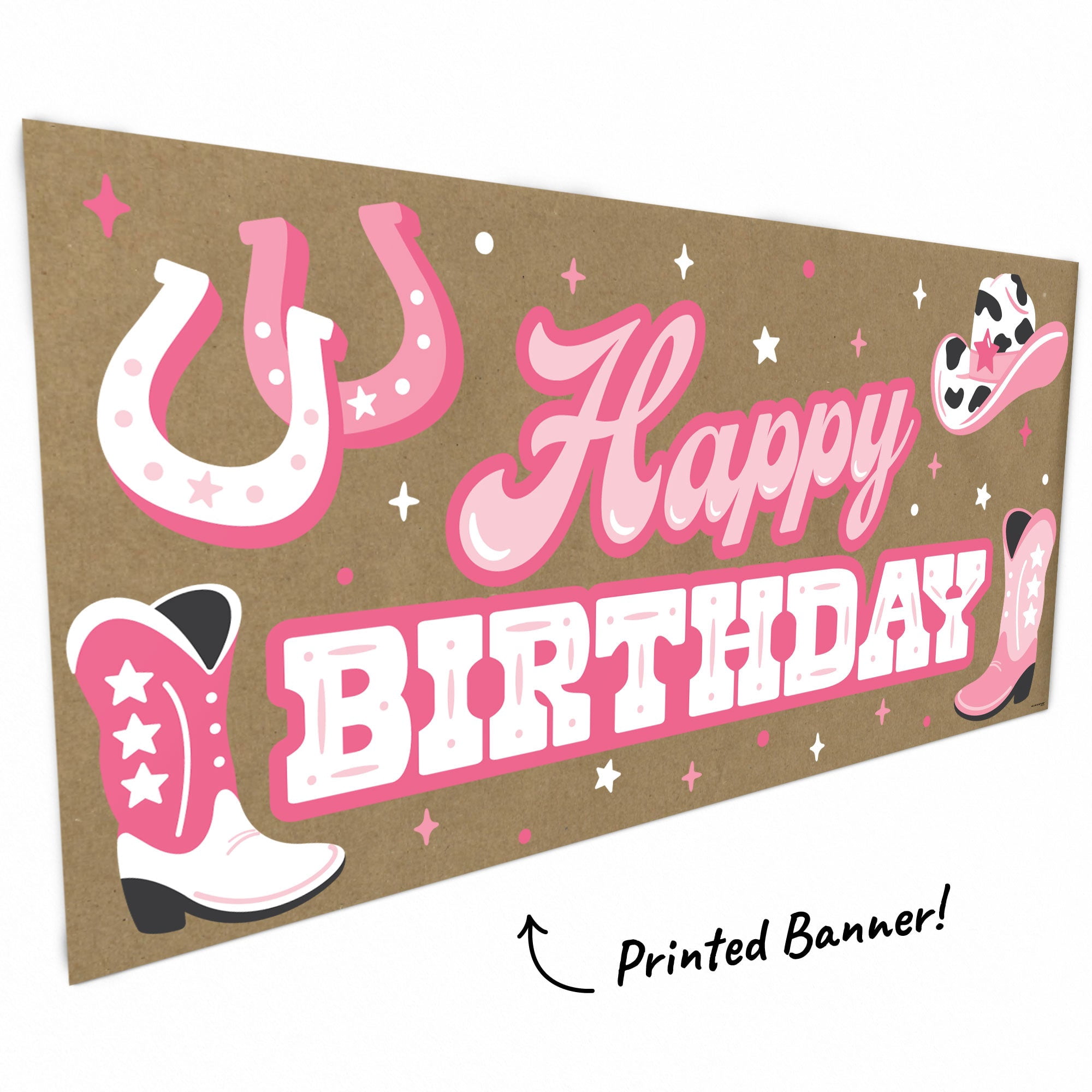 Big Dot of Happiness Rodeo Cowgirl Birthday Kraft Paper Banner, Pink Western Happy Birthday Party Banner, Printed Brown Paper Party Sign Decoration – 1 Count