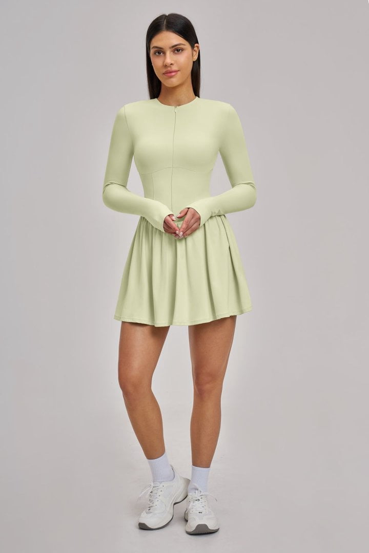 PISONIC Women Tennis Dress Long Sleeve Athletic Outfit with Built in Shorts Mini Golf Workout Dress with Pockets