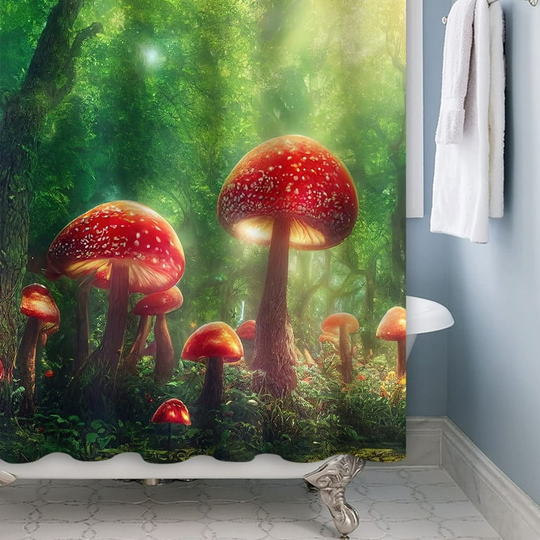 Enchanted Forest Shower Curtain - Mushroom House Fairy Tale Design, 72x72 Inch With Hooks