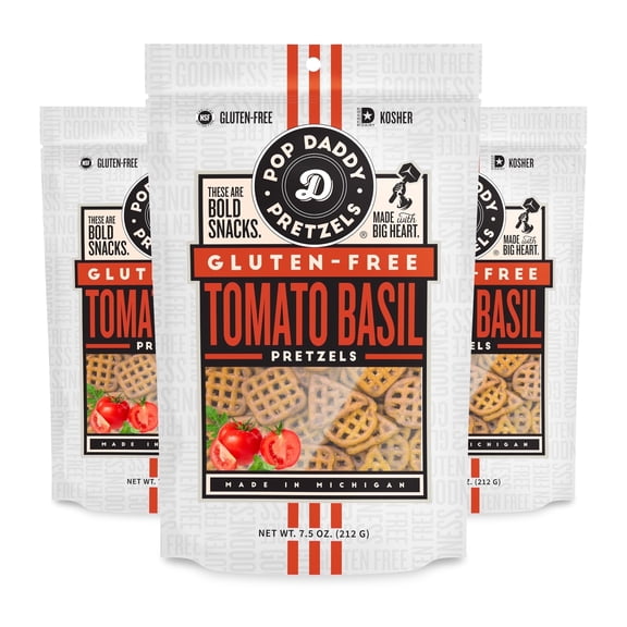 Pop Daddy Gluten Free Pretzels, Healthy Gourmet Flavored Pretzels, 7.5oz Individual Bags, 3 Pack, Tomato Basil