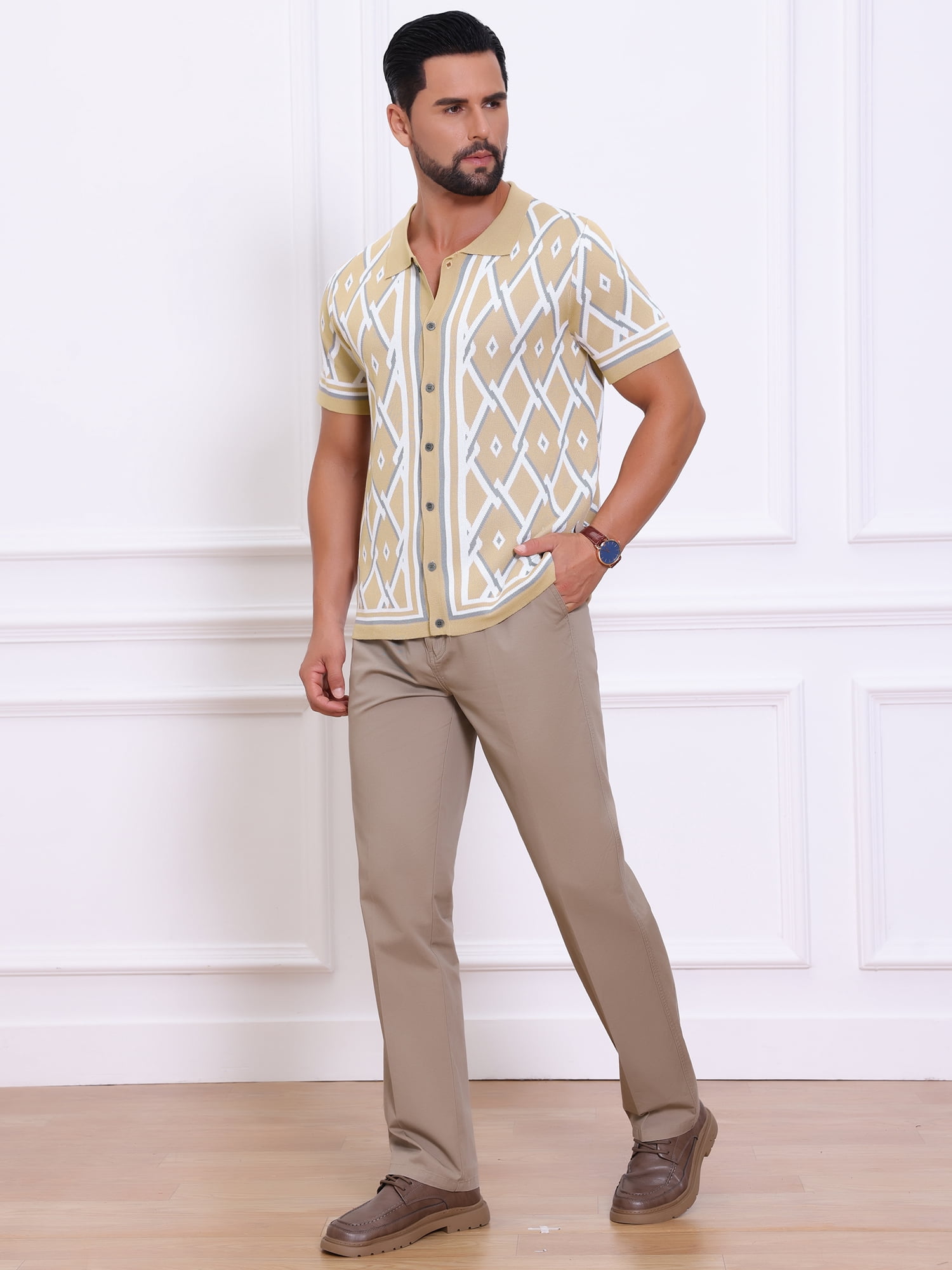 DARING DIVA Men's Short Sleeve Button Down Plaid Knitted Argyle Polo Shirt 2XL Khaki