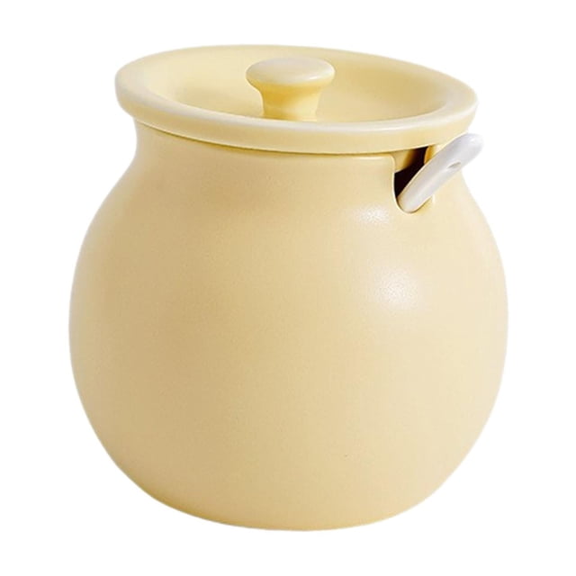 Recipiente de cocina, tanque de condimentos con tapa, cuchara, vajilla de cocina, tarro de manteca de cerdo, bote de cerámica para decoración, mesa, Amarillo