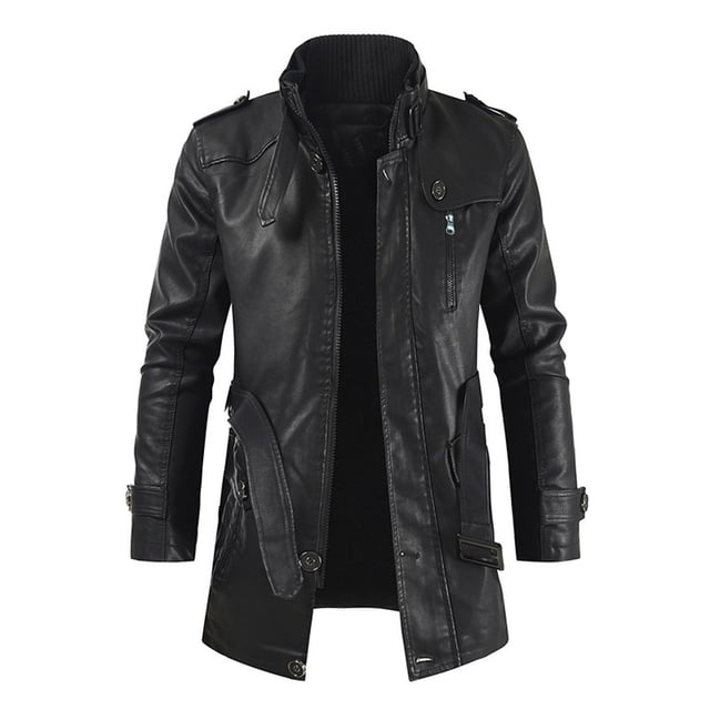 EGNMCR Jackets for Men Men Mid-length Solid Artificial Leather Stand Collar Slim Jacket