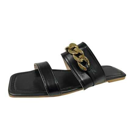 

nsendm Leather Wedge Sandals for Women Ladies Fashion Solid Color Leather Metal Chain Flat Sandals for Women Size 40 Black 7.5