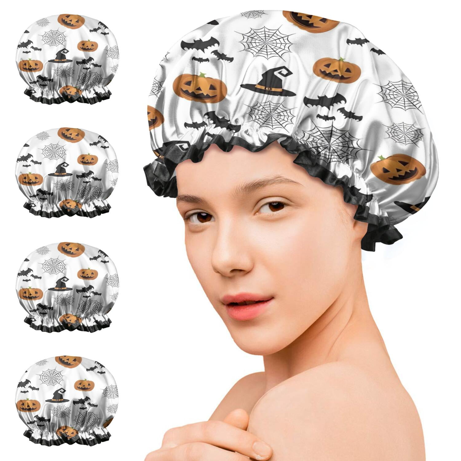 Shower Caps,White Halloween Pumpkins Bats and Witch Hats Waterproof Shower Cap for Women 4 Pieces,Double Reusable Hair Cover for Shower PEVA Elastic Stretch Hem