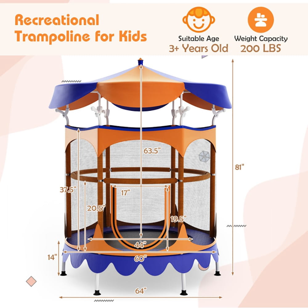 Spaco 64" Kids Trampoline with Detachable Canopy and Safety Enclosure Net-Orange, Bounce Trampoline for Outdoor as Garden, Park