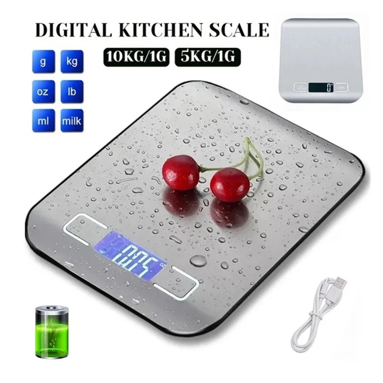 Kitchen Digital Scale Multi-Function Portable Weighing Scale LCD Display USB Charging Electronic