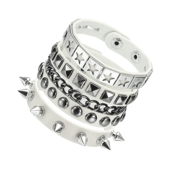 Uxcell 3Pcs Rock Punk Studded Leather Bracelet Set, 8.7"/22cm Goth Spiked Cuff Wristband Adjustable Bracelets for Emo Grunge Accessories Halloween Party Favors, White