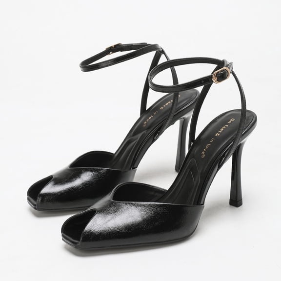 On feet & in love Women's Square Toe Ankle Strap Stiletto Sandals - Crinkled Patent Finish Dress Heels with Adjustable Buckle,Black