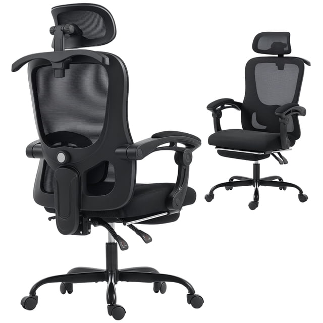HOMCOM Chaise de Bureau Ergonomique, Chaise d'Ordinateur en Maille à Dossier Haut, Noire