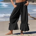 thumbnail image 2 of Women's Linen Wide Leg Pants Casual Cropped Crinkle Design with Drawstring Waist and Loose Fit Ruffled Hem Trousers for Everyday Wear Black L, 2 of 5