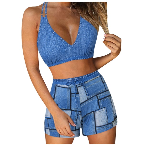 MKLEKYY Trajes De Baño mujer Natacion Women Three Piece Tankini Set High Waisted Bikini Sexy Push Up Two Piece Swimsuits Vintage Swimsuit Two Piece Retro Ruched High Waist Print Bikini Set