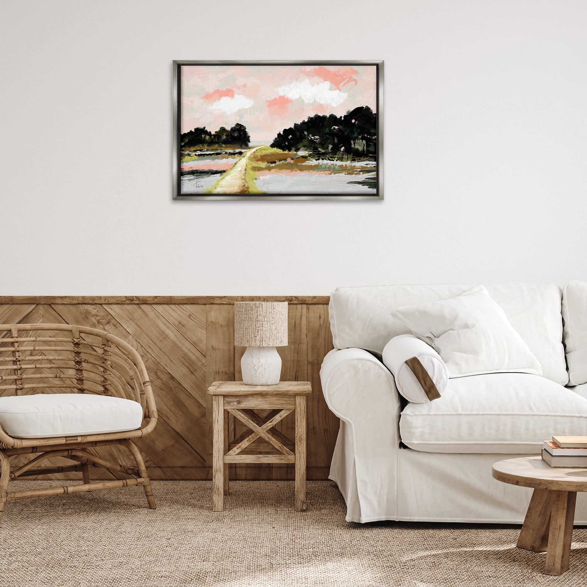 Stupell Industries Nature with Blush Sunrise Landscape & Nature Painting Gray Floater Framed Canvas Art Print Wall Art, 31 x 21