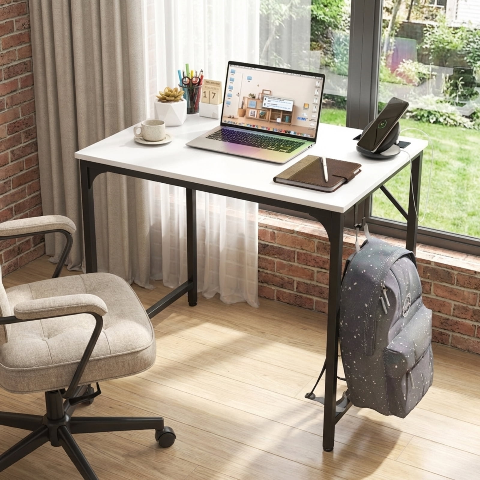 Furnibear 32 Inch Home Office Writing Desk with Charging Station Storage Bag and Headphone Hook - White