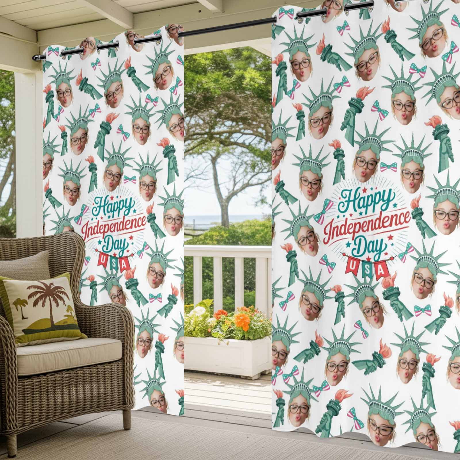 Happy Independence Day Outdoor Curtains for Patio, Green Crown The Goddess Of Liberty USA Sunshade Privacy Drapes Grommet Waterproof Outside Curtains for Porch/Cabana/Balcony 54"x 108", 1 Panel