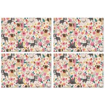 Pug Dogs with Pioneer Flower Summer Placemats Table Placemats Set Of 4-Linen Kitchen Washable Placemats Table Mats 11.8"x17.7"Non-Slip Heat Resistant