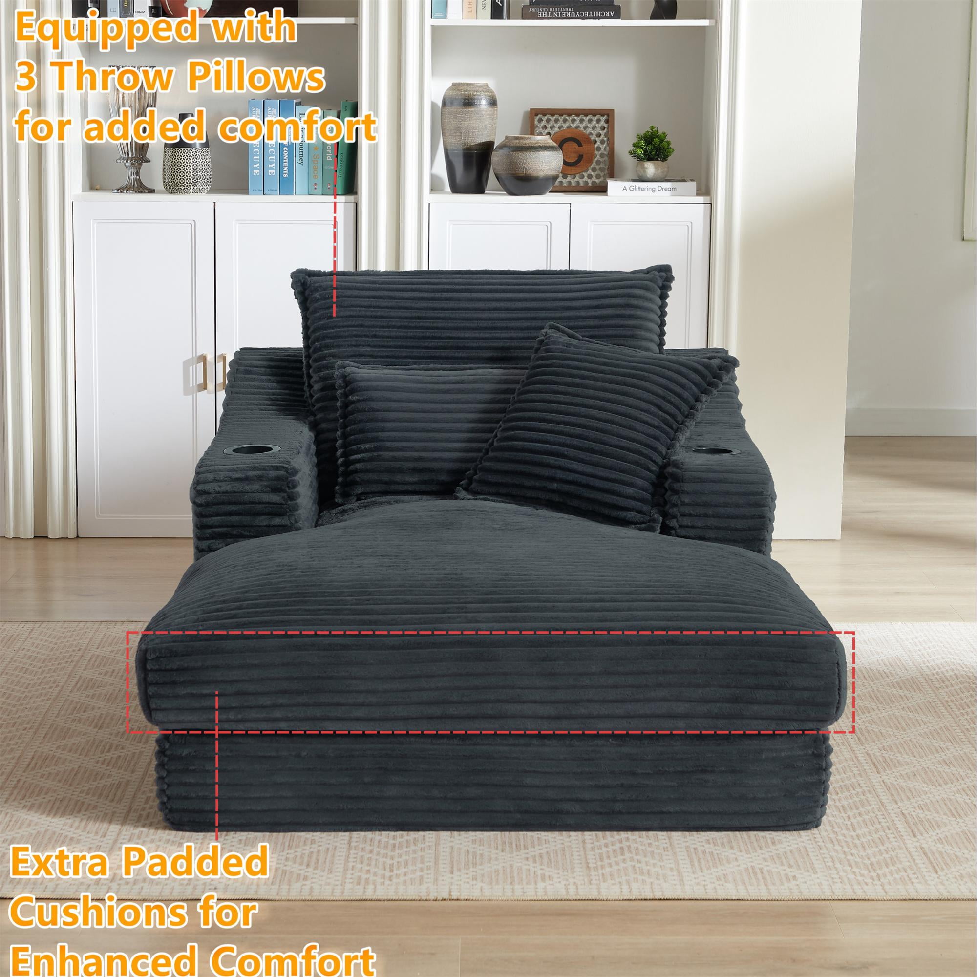 Aukfa 68" Oversized Chaise Lounge Chair with 2 Cup Hoders&Side Pockets, 3Pillows, Corduroy, Gray