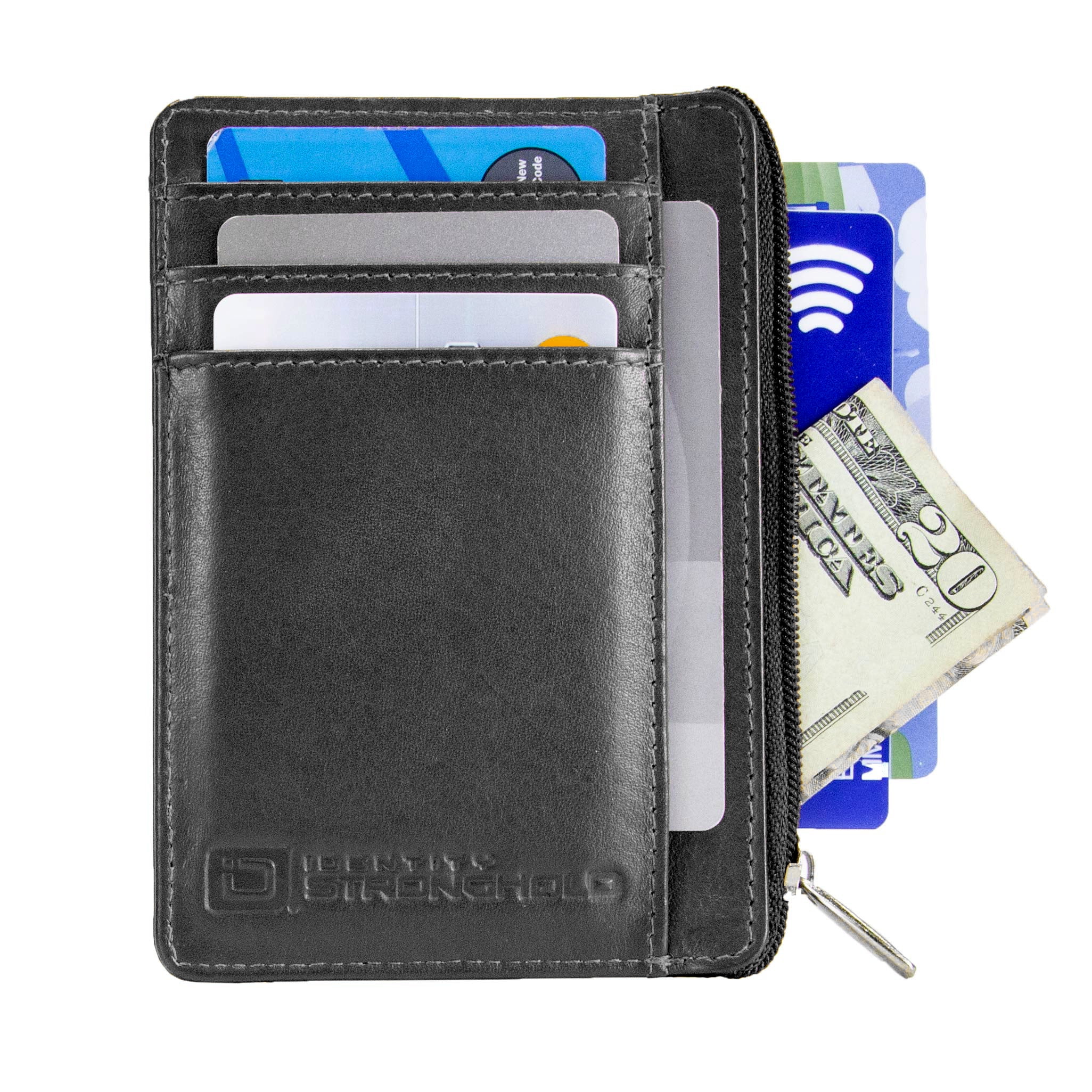 Mens Women Slim Small Mini ID Card Holder Wallet Purse Case Black Leather RFID 