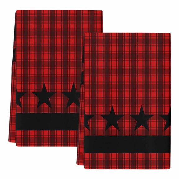 Dish Towels, Black Stars Buffalo Plaid Absorbent Kitchen Towels 2 PCS, Red Checkered Microfiber Hand Towels Dish Cloths Tea Towels for Home Bathroom Cleaning Drying,18X28-Inch,
