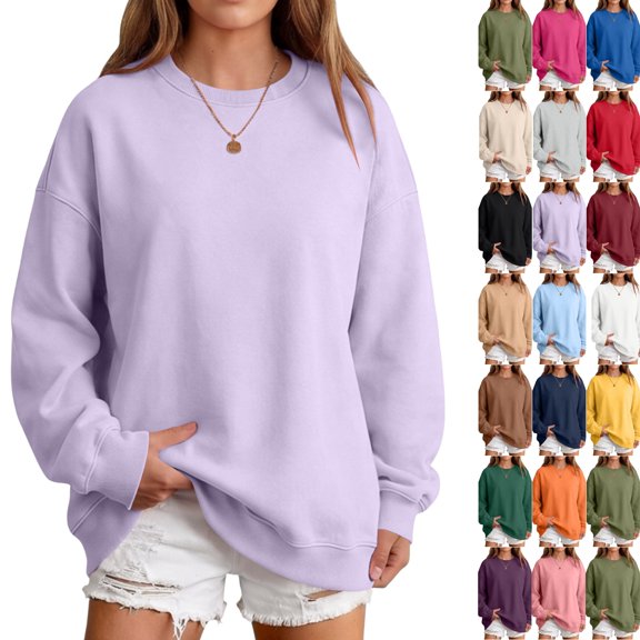 Oversized Sweatshirts Women Crewneck 2026 Fall Cute Fleece Pullover Top | Loose Fit Long Sleeve Sweatshirt no Hood, Drop Shoulder Tops, Workout Athletic Cozy, Airport Travel Clothes Light Purple,M