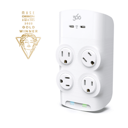 360 Electrical - Revolve60, 4 Rotating Outlets/ 2 USB-C 1080 Joules Surge Protector - White