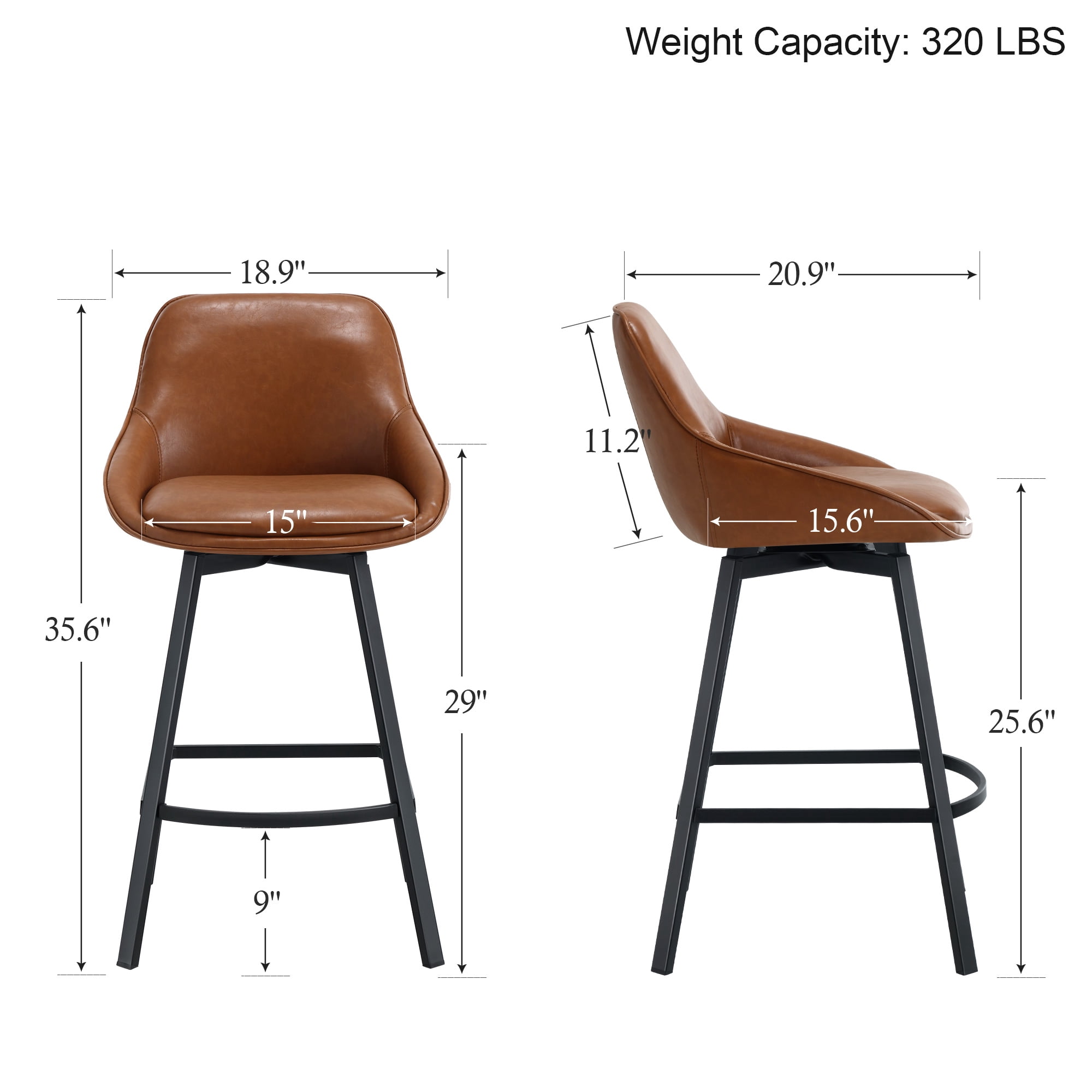 Zesthouse 25.6" Swivel Counter Height Bar Stools Set of 2, Modern Counter Height Chairs with Backs and Metal Legs, Upholstered Faux Leather Barstools for Kitchen Island, Brown