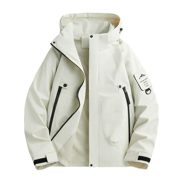 WRKEKC Men's Outdoor Hooded Jacket Windproof Lightweight with Zippered Pockets for Climbing Running Hiking and All-Weather Training in Solid Color White 3XL