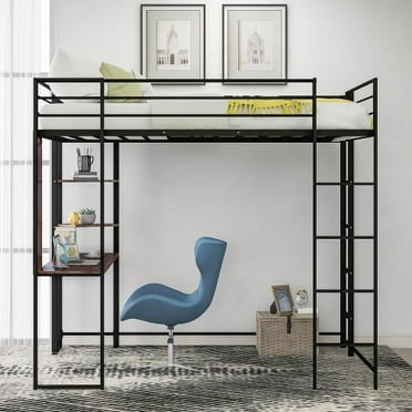 JINS&VICO Full Size Metal Loft Bed with 2 Shelves and one Desk ,Black