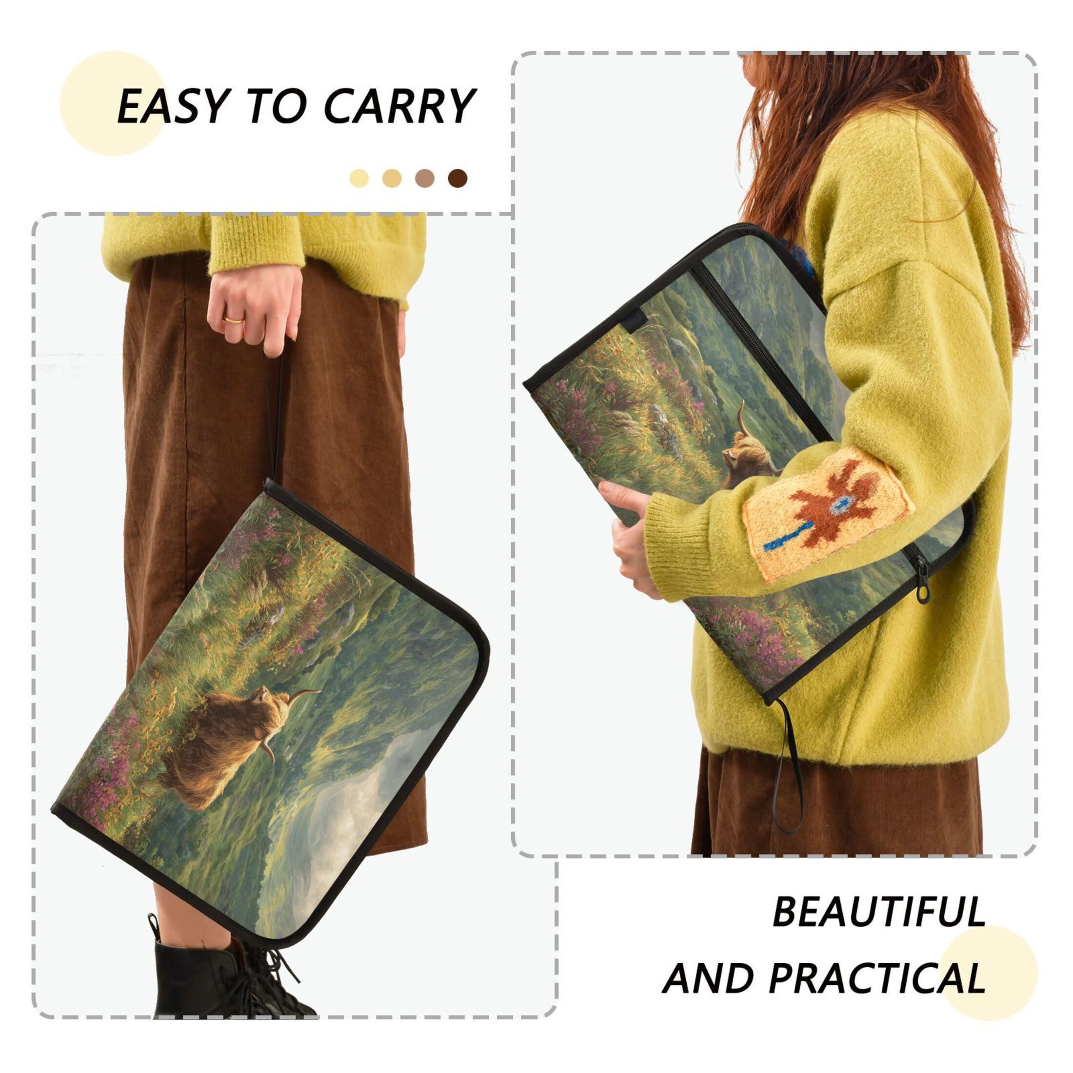 Accordion File Organizer with Zip Closure 13 Pockets Expanding File Folder Letter A4 Paper Document Organizer for Home Office Cow in Green Rolling Hills