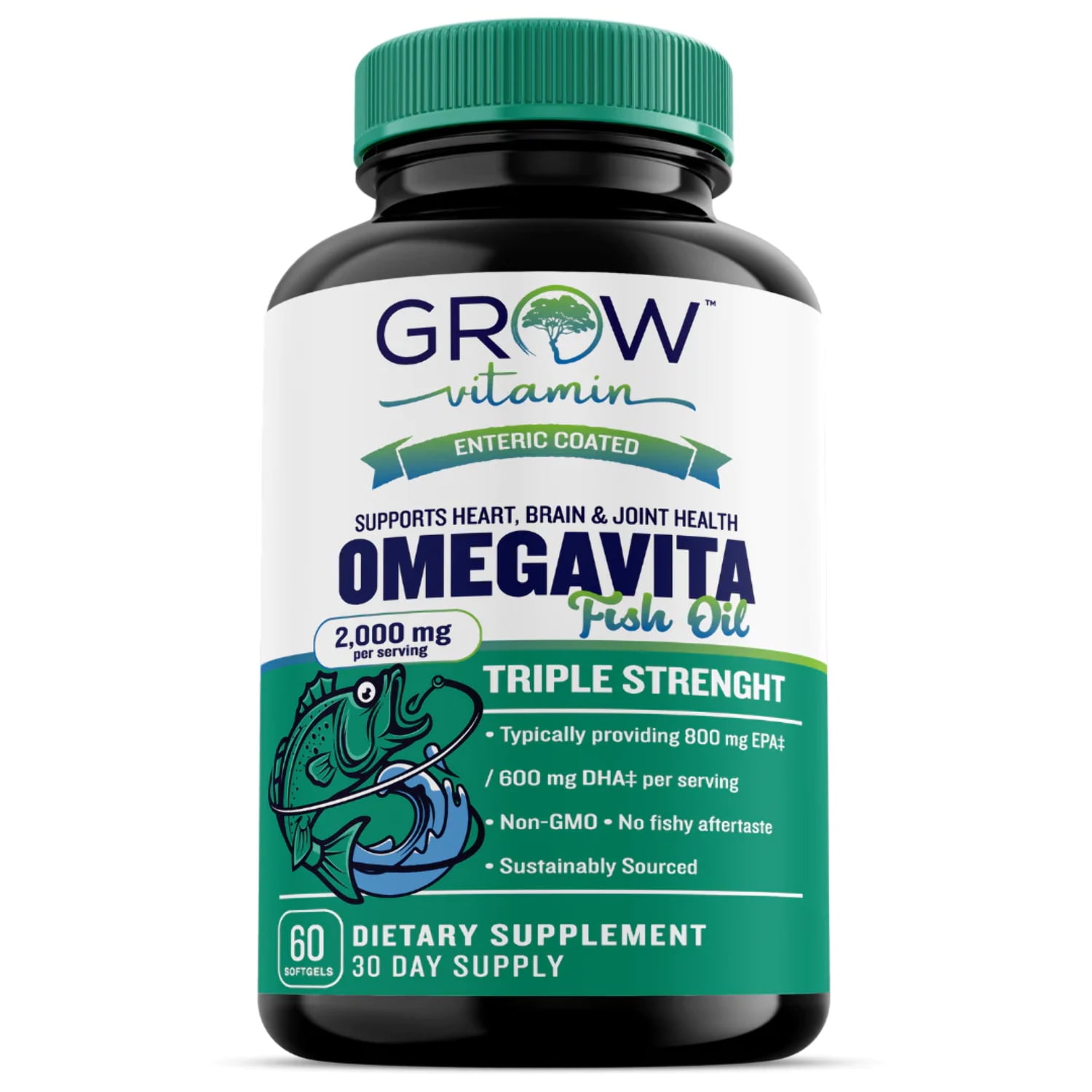 Grow Vitamin OmegaVita Fish Oil Softgels 2000mg with EPA 800mg DHA 600mg Natural Lemon Oil 30 Count