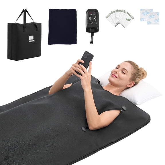 VEVOR Infrared Sauna Blanket with Armholes, 71 x 35 in Portable Sauna Bag, Even Heating for Home Detox & Relaxation, Temp Control & Timer, PU Leather Heating Wrap with Towel Liner, Carry Bag, Black