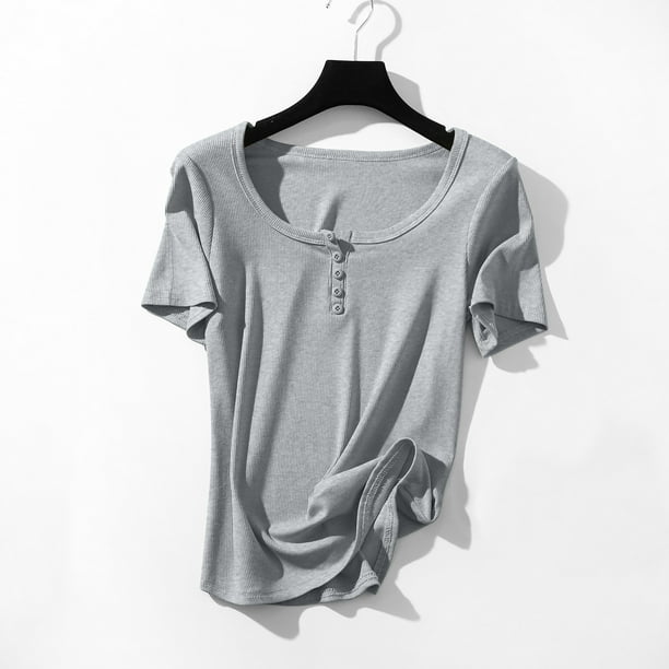 Fiudx Ofertas Flash Artículos En Oferta Camiseta de Manga Corta con Cuello Redondo y Botones de Color Liso para Mujer, Camiseta Básica de Verano para Mujer, Top/Camisa de Manga Corta con Cuello Redon