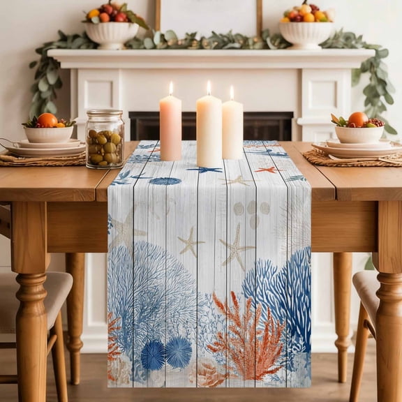 Ocean Corals Table Runner, Summer Beach Coral Sea Stars Wood Grain Cotton Linen Kitchen Table Decoration Washable Dining Tabletop Runners for Home Party Decor 13x72 Inches