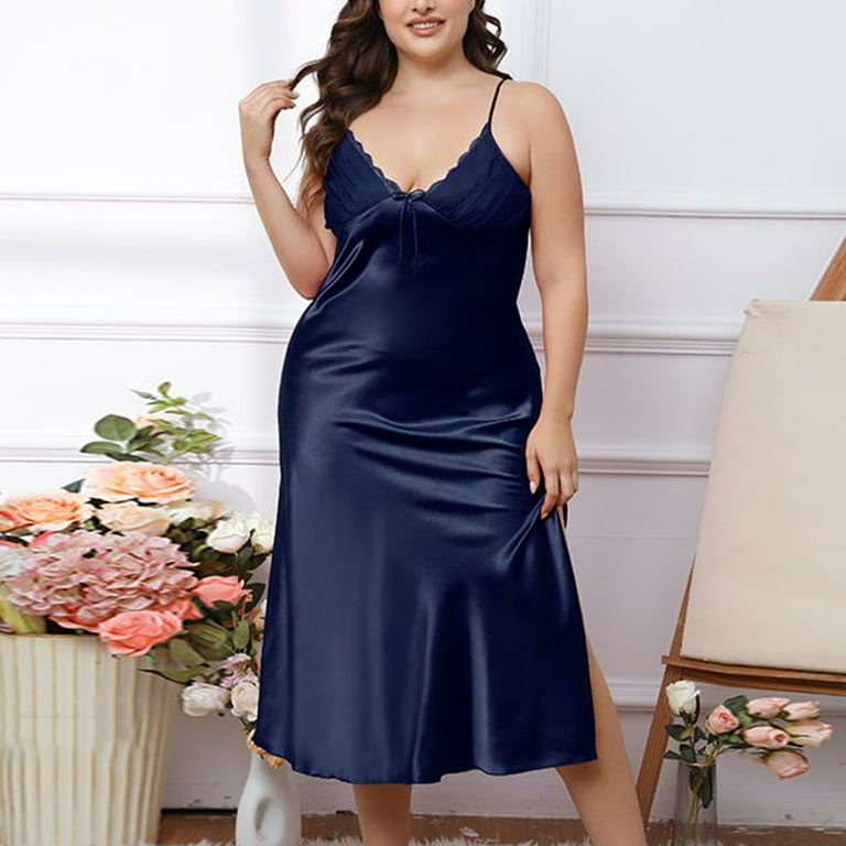 Womens Plus Size Nightgowns Sleepshirts Sleeveless Strap Nightdress Bow V Neck Satin Nightwear Dress