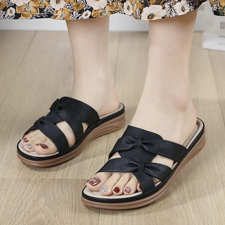 

Cathalem Women Summer Solid Color Slip On Casual Open Toe Bow Tie Wedges Soft Bottom Breathable Slippers Sock Slippers for Women Black 6.5
