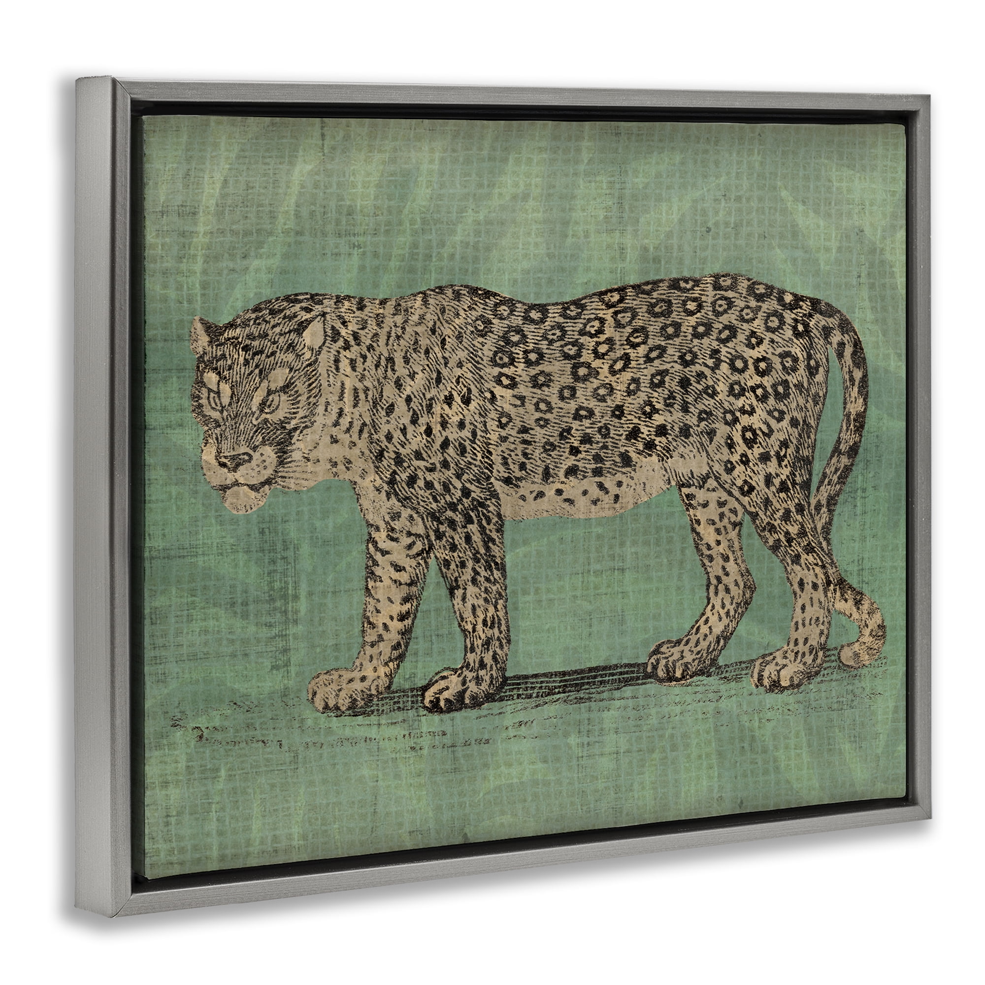 Stupell Industries Fierce Leopard on Green Animals & Insects Painting Gray Floater Framed Canvas Art Print Wall Art, 31 x 25