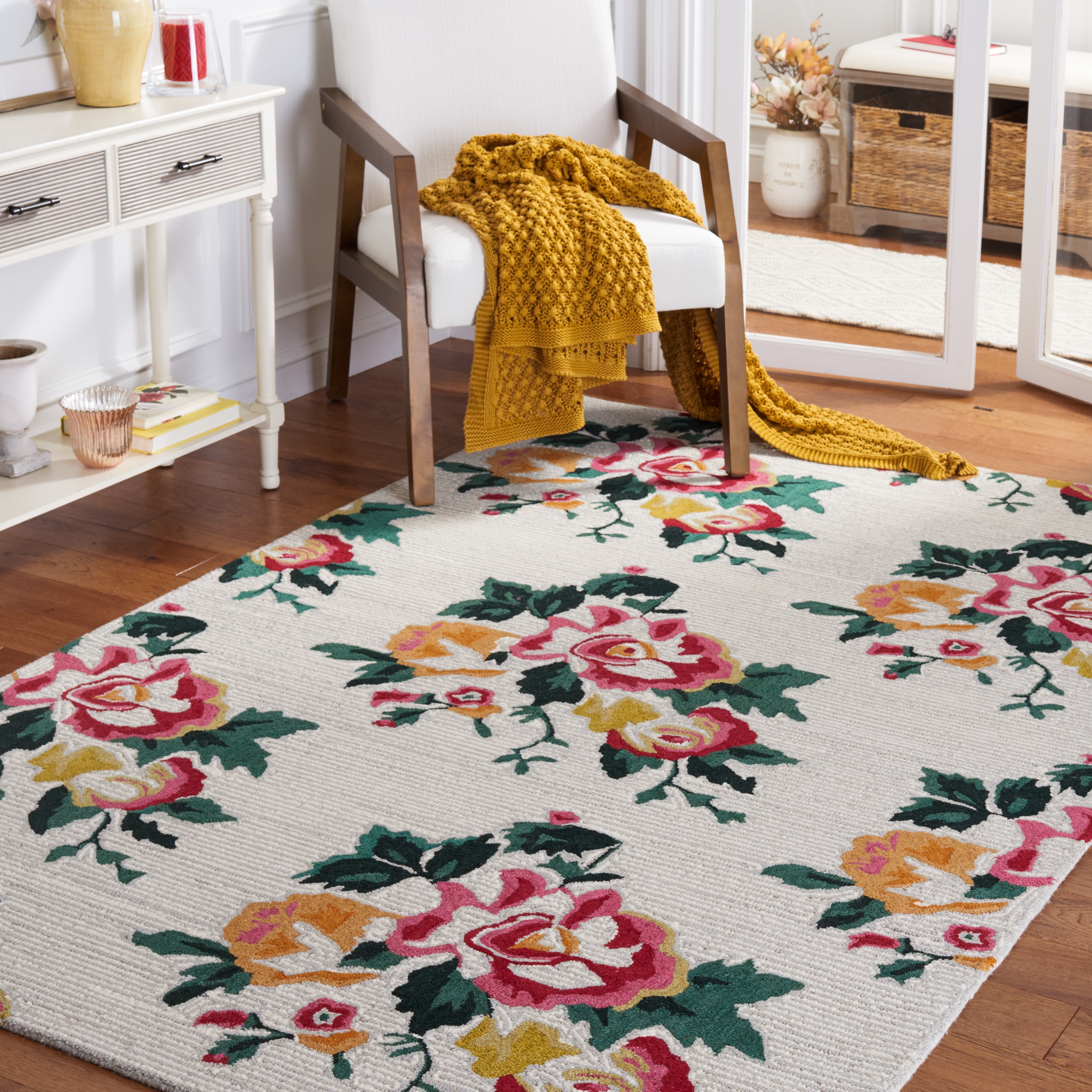 SAFAVIEH Jardin Alayna Floral Wool Area Rug, Ivory/Red, 4' x 6'