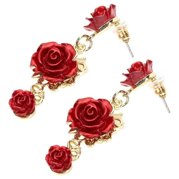 Niceauty 1 Pair Red Rose Flower Earrings Statement Alloy Jewelry for Women Evening Parties