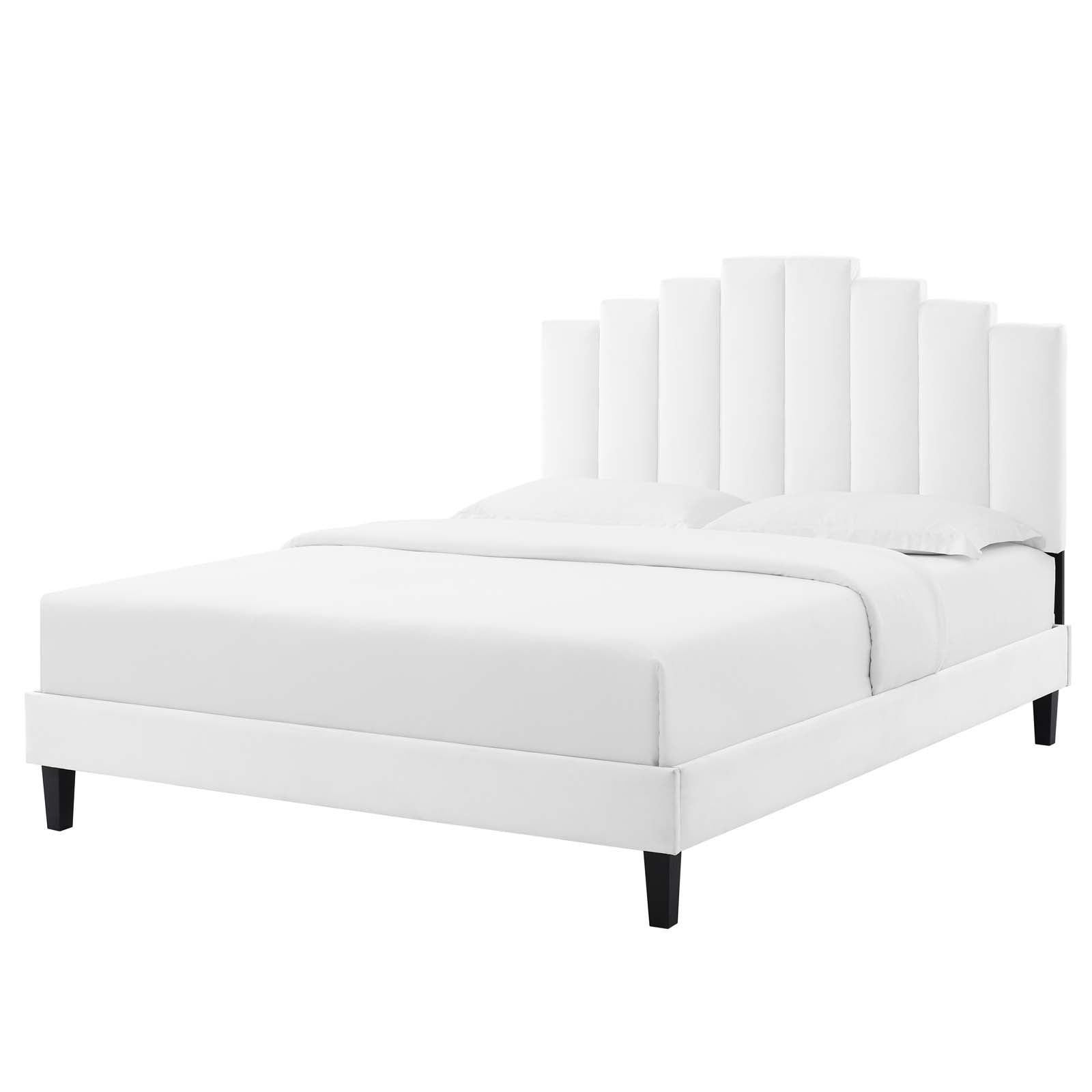 Platform Bed Frame, Queen Size, Velvet, White, Modern Contemporary