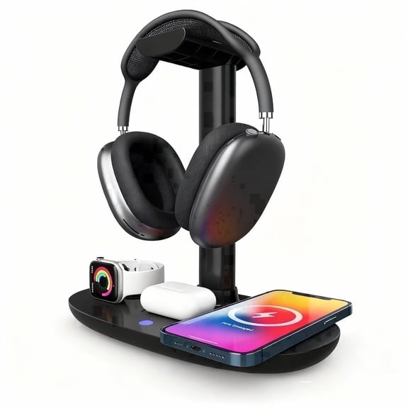 Tancola Wireless Charger 4-in-1 Phone Holder Docking Station with Wireless Charger for iPhone 17 & Apple Watch & AirPods & Headphone, Black