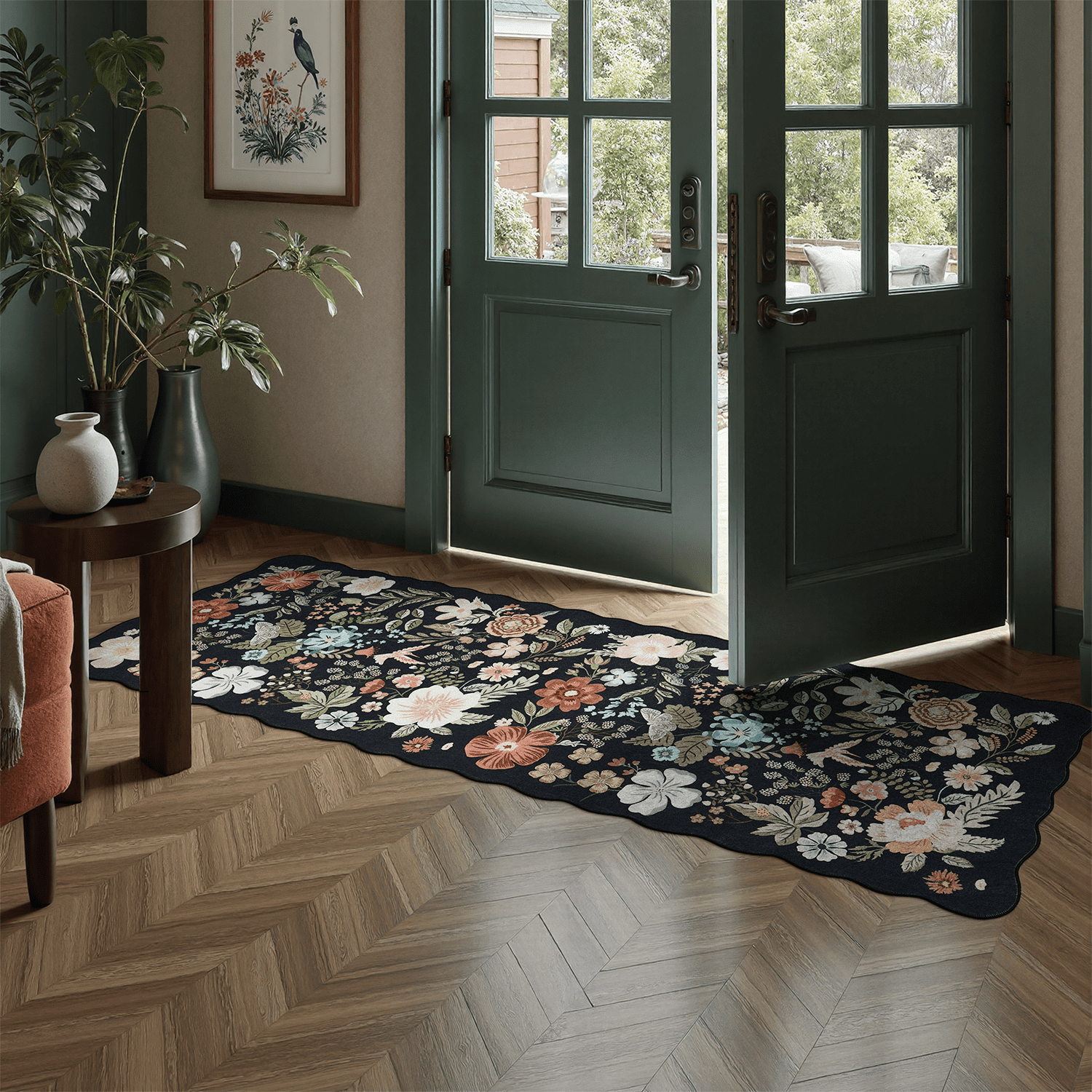 2x6 Runner Rug, Washable, Non-Slip, Stain-Resistant Low-Pile Vintage Floral Scalloped Rug for Kitchen, Entryway, Passage, -Black